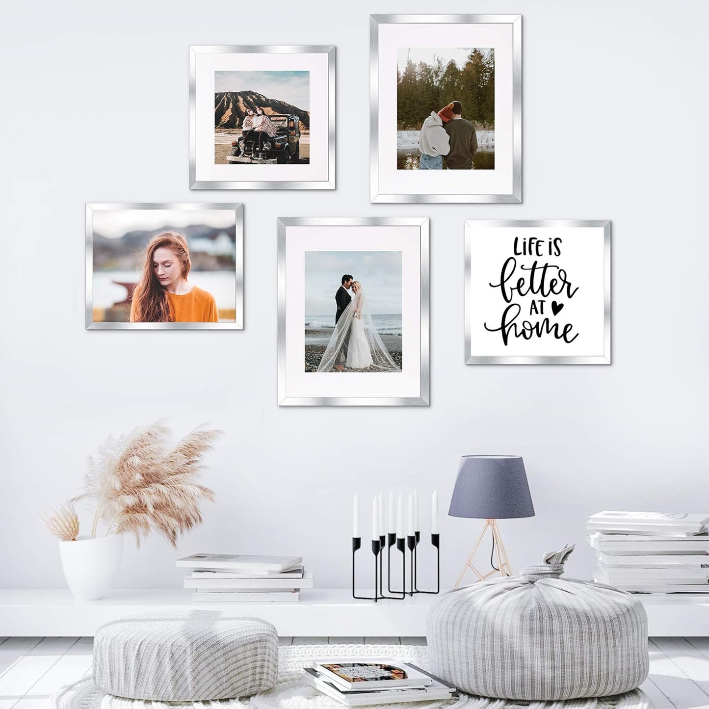 Upsimples 8x10 Picture Frame Set of 5 - Elegant Silver Frames for 5x7 or 8x10 Photos | Wall Gallery Display