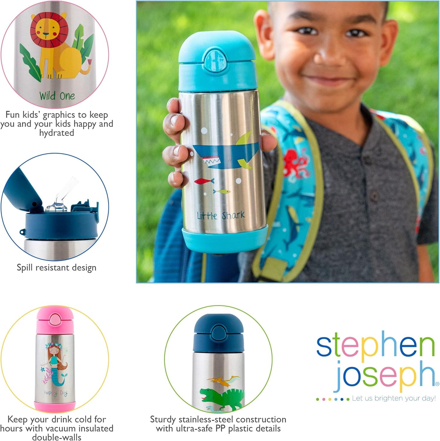 Stephen Joseph Insulated Water Bottle - Double Wall Stainless Steel, BPA-Free, 11.8 Ounces, ZOO