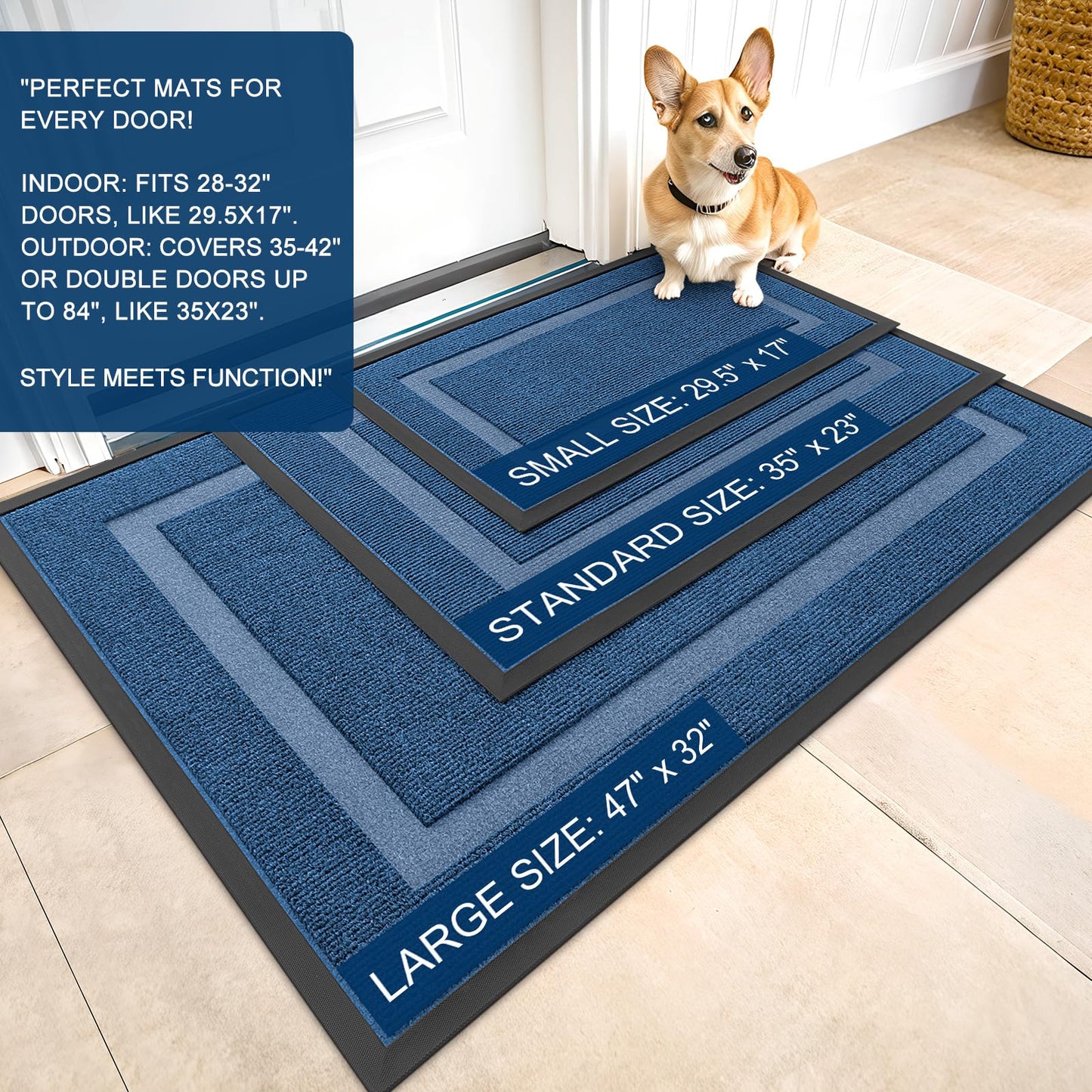 OLANLY Front Door Mat Indoor Outdoor Entrance, Waterproof All-Season, All-Weather Doormat, Sturdy Natural Rubber, Fade Resistant, Low Profile, Easy Clean Patio Porch Entryway Mat, 47x32, Light Blue