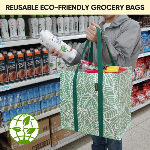 BALEINE Reusable Grocery Bags - Heavy Duty Foldable Tote with Reinforced Bottom | Antique Foliage, 4 Pack