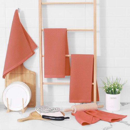 Homaxy 100% Cotton Waffle Weave Kitchen Dish Towels - Ultra Soft & Absorbent | 13 x 28 Inches, 8-Pack, Coral