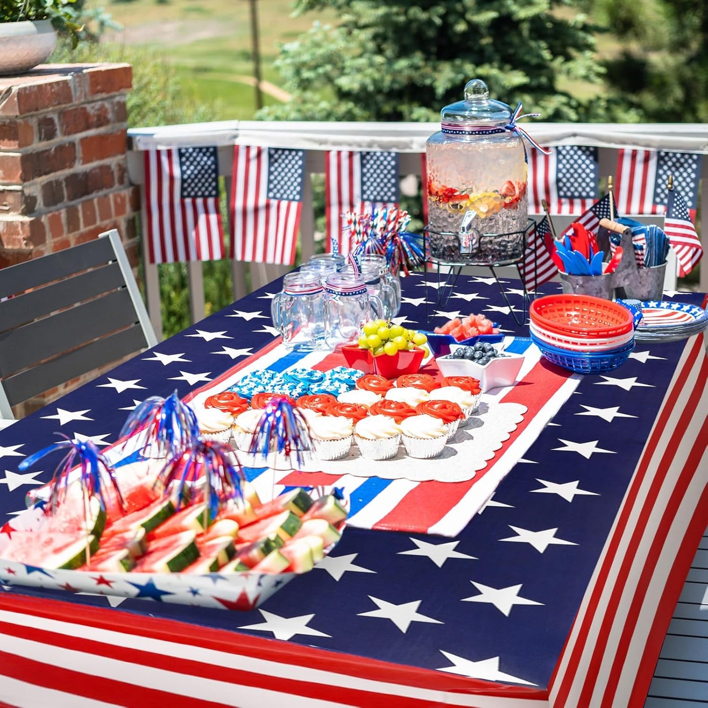 Oudain 2 Pcs Stretch Table Covers - Patriotic Red, White & Blue for 4th of July | 6 Feet Spandex Tablecloths