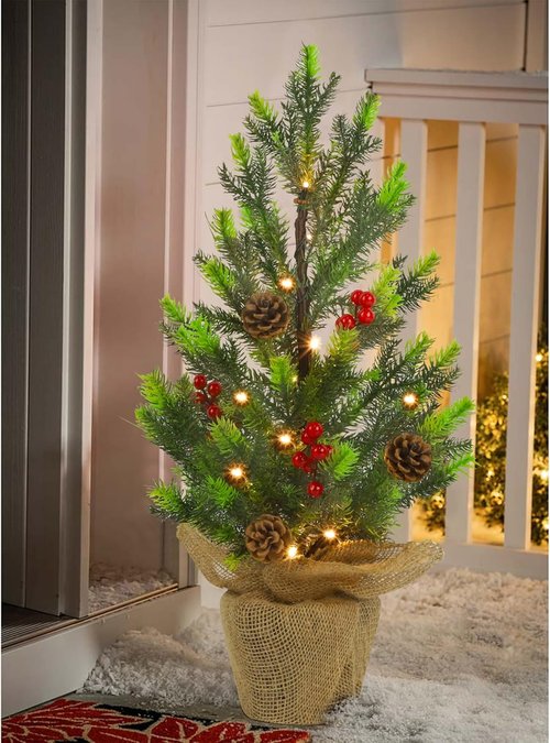 Juegoal 24-Inch Lighted Mini Christmas Trees - Battery Operated Pine Trees with Burlap Base for Holiday Decor