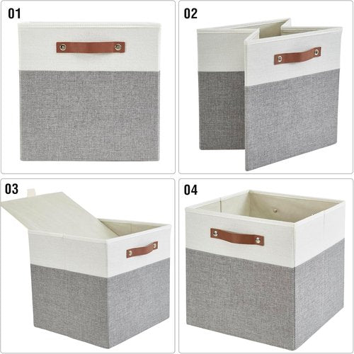 Bagnizer Collapsible Storage Cube Bins - Foldable Organizer Baskets with 2 Handles | 13"x13"x13", Gray & White, 4 Pack
