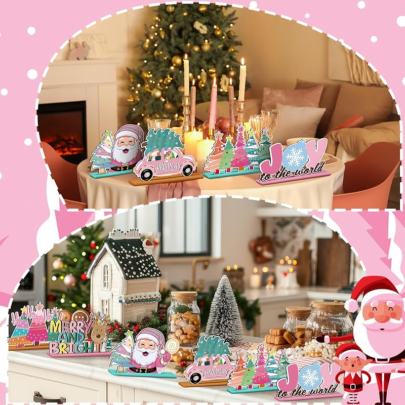 Pastel Pink Christmas Wooden Table Decorations - 6 Pcs Holiday Centerpieces