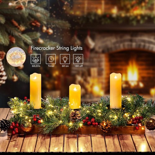 Brightown Foldable Wooden Box - 23.6" Christmas Decor with Fairy Lights, Pine Cones & Ornaments