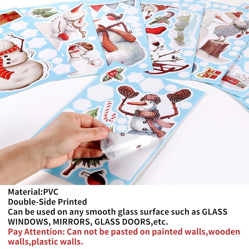Christmas Window Clings Snowman & Snowflake Sheets – 9 PVC Static Decals 7.8 x 11.8 in