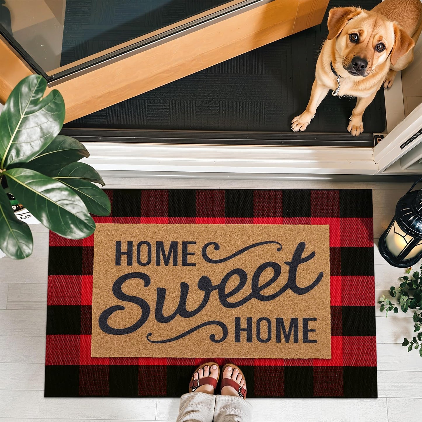 OLANLY Buffalo Plaid Rug 2'4" x 3'7" (27.5" x 43") – Red and Black Cotton Checkered Doormat, Washable Indoor Outdoor Rug for Layered Front Porch, Kitchen, Entryway Decor