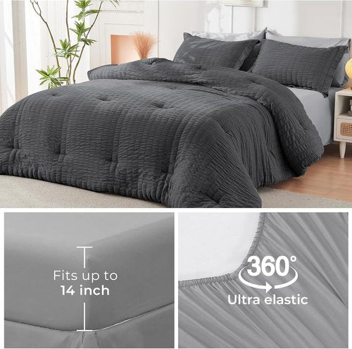 HYMOKEGE King Size Comforter Set - Luxury 7-Piece Bedding Set in Dark Grey/Light Grey | All-Season Comfort