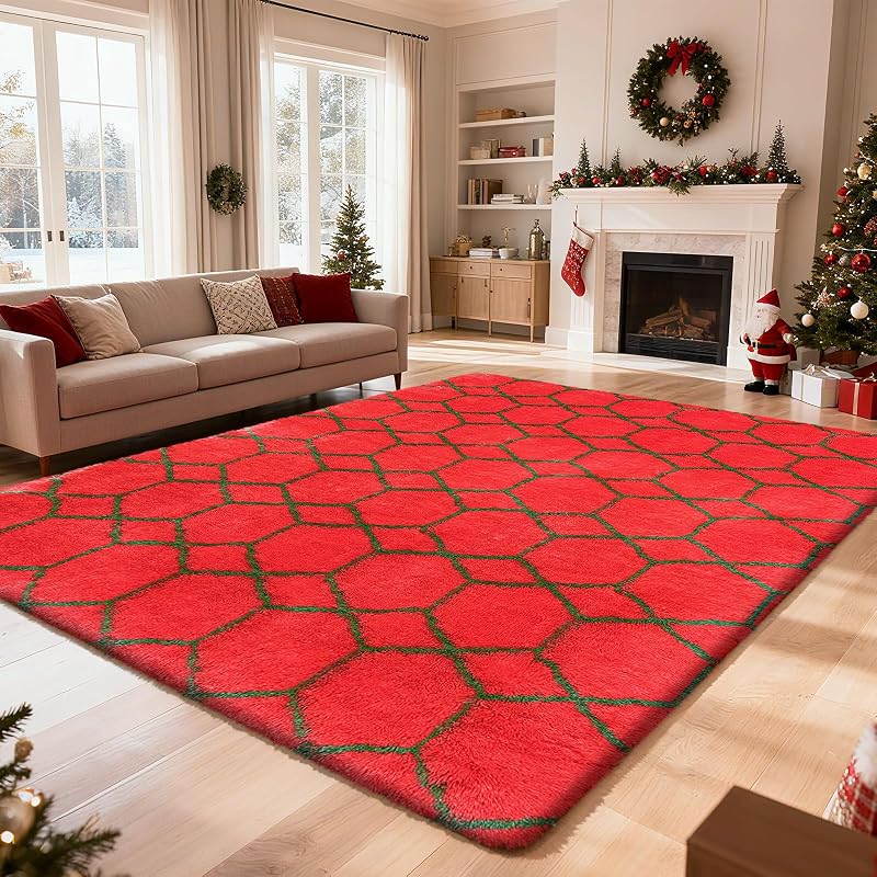 Fluffy 4x6 Area Rug for Bedroom - Red & Green Shag Rug, Non-Slip Bottom