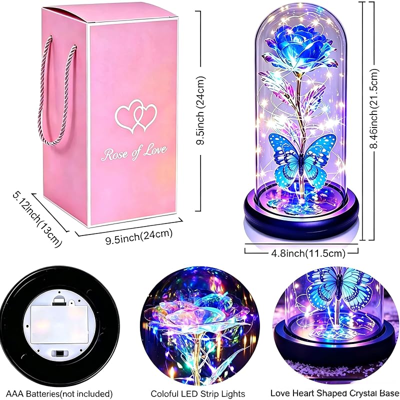 Blue Galaxy Rose LED Glass Dome with Butterfly Ornament – Valentines Gift for Women