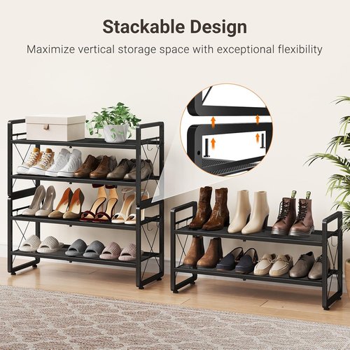 ELYKEN Shoe Rack - 2-Tier Expandable Organizer with 4 Hooks | Metal Black Shoe Shelf for Entryway