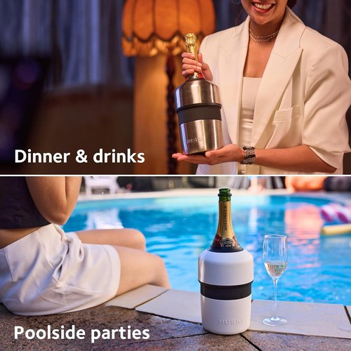 Huski Champagne Chiller | NEW | Award-Winning Iceless Design with Detachable Bottle Stopper | Keeps Wine Cold up to 6 Hours | Fits most 750ml Champagne, Prosecco & Sparkling Wine Bottles (Stainless)