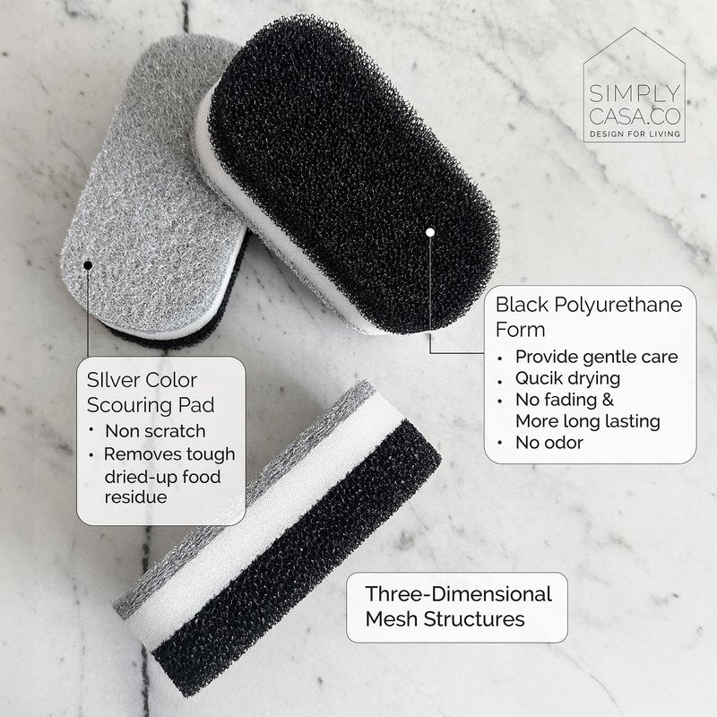SIMPLYCASA Kitchen Dish Cleaning Sponges - Pack of 6 | Non-Scratch & Fast-Drying | Reusable Scrubbers for Kitchen & Household Use | Stylish Black & White Design