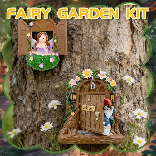 Exasinine Fairy Door and Windows Set - Gnome Statue Garden Sculpture | Outdoor Lawn Decor