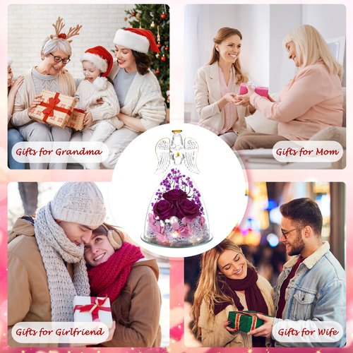 ANWEAO Mothers Day Flower Gifts for Mom,Angel Rose Gifts for Women,Glass Angel Figurine with Preserved Three Purple Roses,Forever Flowers Mothers Day Birthday Gifts for Women Mom Grandma Wife Her