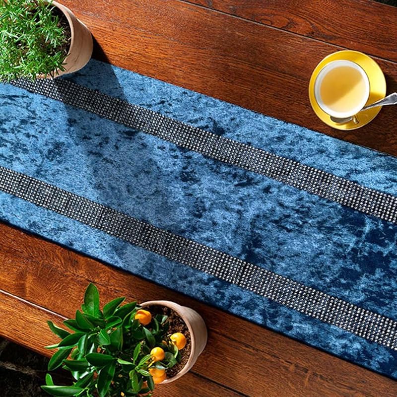 Fancy Blue Table Runner with Silver Sequin Rhinestones, Ombre Velvet 13x84 Inches - Variation Blue+13x84 inches