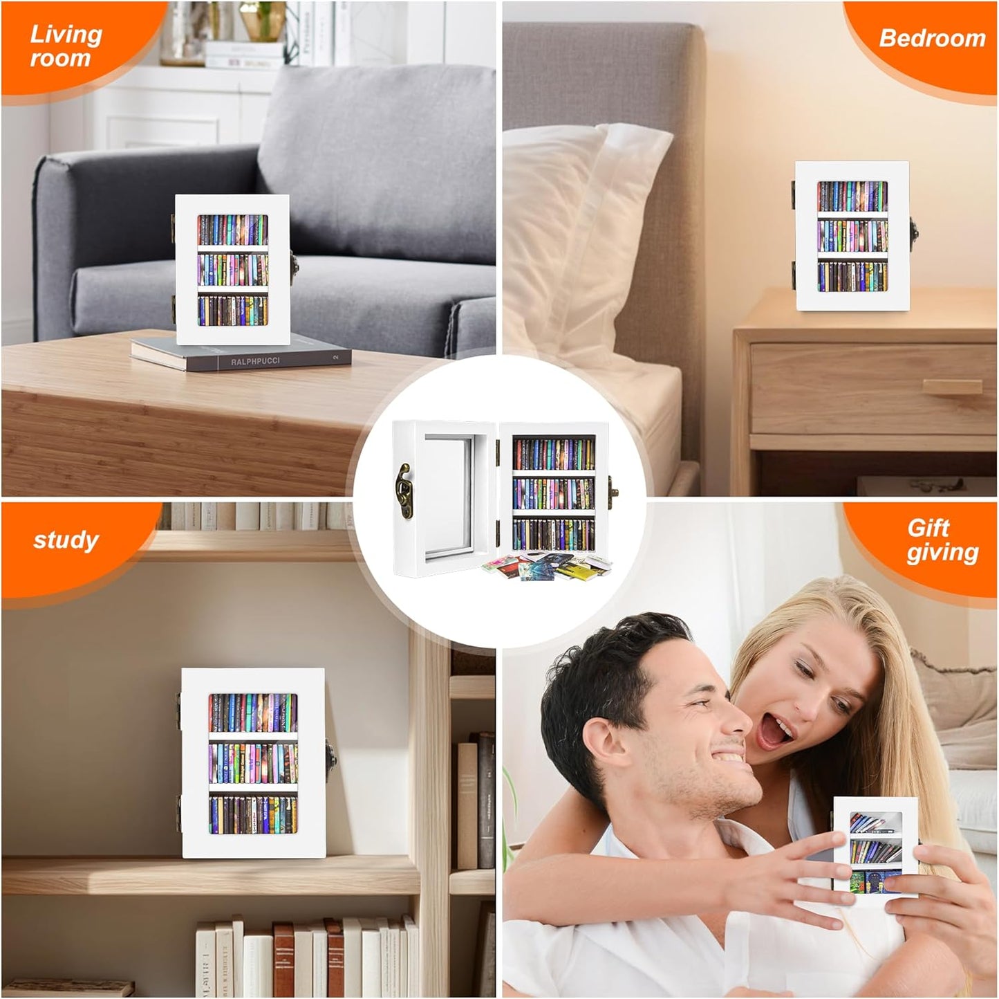 Regine Switzerland Mini Bookshelf - 60PCS Wooden Miniature Book Library for Stress Relief | Unique Gift for Book Lovers - White