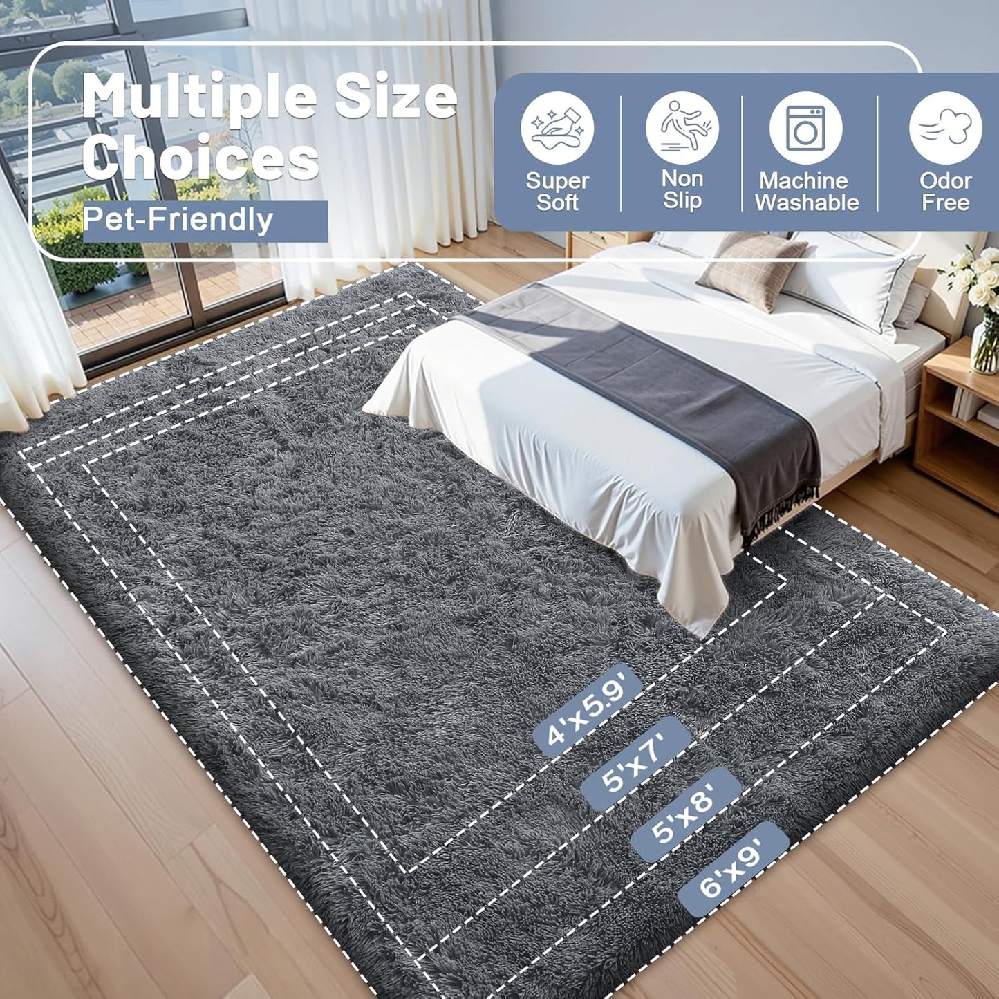 OLANLY 5x5 Area Rug - Soft Fluffy Shaggy Design | Machine Washable Indoor Carpet in Grey for Kids & Home Decor