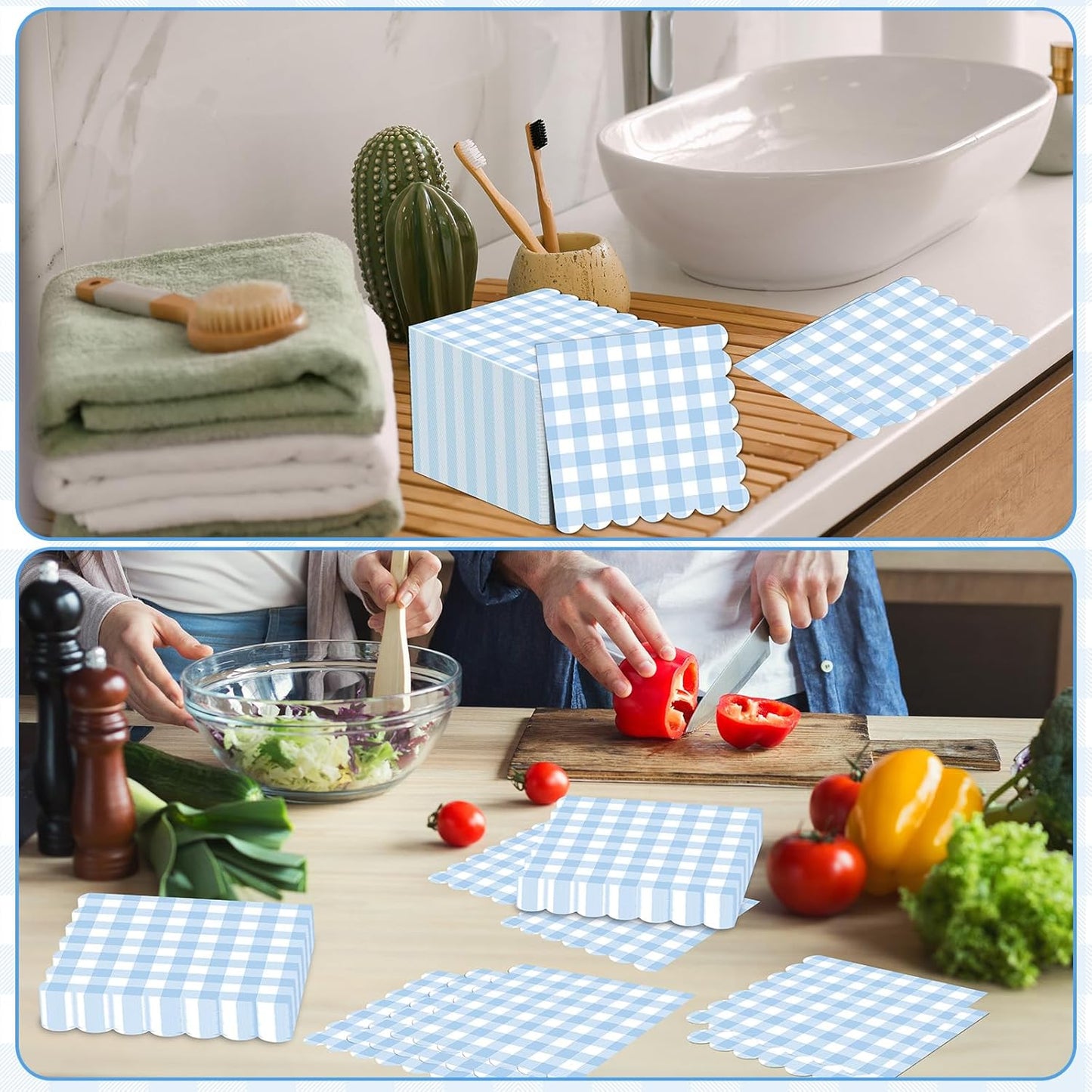 Skiennix 100Pcs Blue & White Scalloped Napkins - 6.5in Plaid Disposable Party Supplies for Weddings & Showers