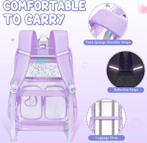 Fimibuke Clear Backpack for Girls - Heavy Duty PVC See-Through Bookbag with Lunch Box & Pencil Case | Pink