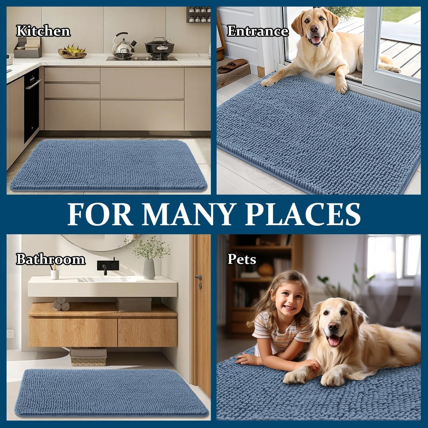 OLANLY Dog Door Mat - Absorbent Non-Slip Washable Doormat for Muddy Paws | 70x24, Airy Blue