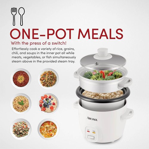 Aroma Housewares Rice Cooker - 6-Cup One Touch & 4-Cup Automatic Warm Mode, White (ARC-363NG)
