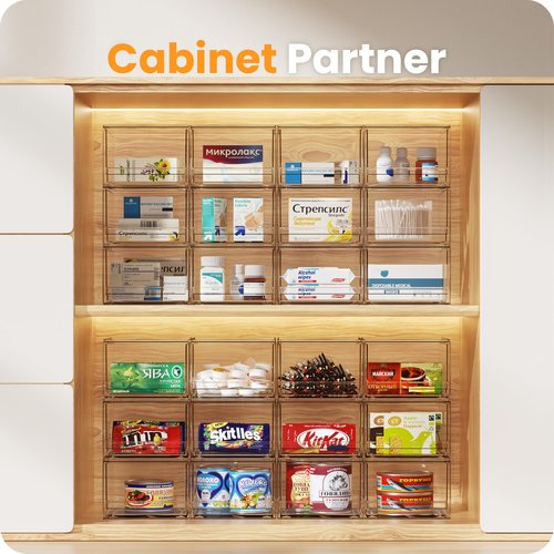 A-LuGei 【𝟰𝗣𝗖𝗦】 Acrylic Stackable Storage Drawers, 7.5" L Makeup Organizer, Bathroom Organizer and Storage, Plastic Storage Bins for Kitchen Cabinet Pantry Medicine Fridge
