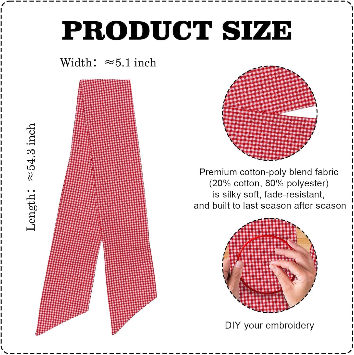 YKW Gingham Wreath Sash - Red & White Front Door Decoration | 5.12" x 54.33" for Holiday & Wedding Decor