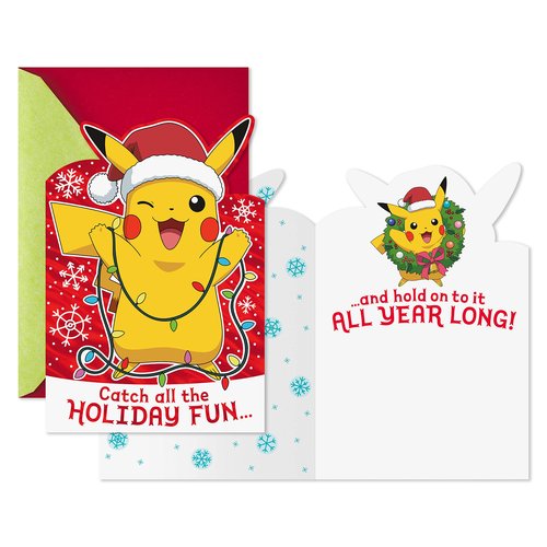 Hallmark Pack of Pokémon Christmas Cards, Pikachu Christmas Lights (4 Holiday Cards with Envelopes) (5XXH2386)