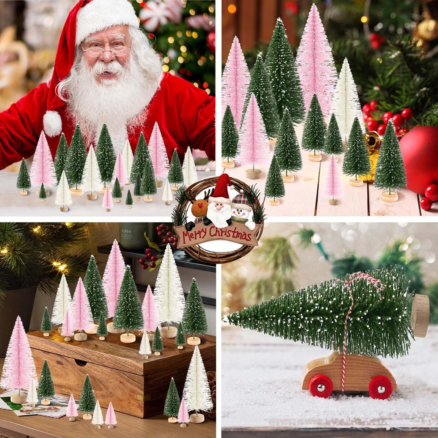 Skiennix 30Pcs Mini Christmas Trees - Artificial Bottle Brush Trees with Wooden Base | Festive Home Decor