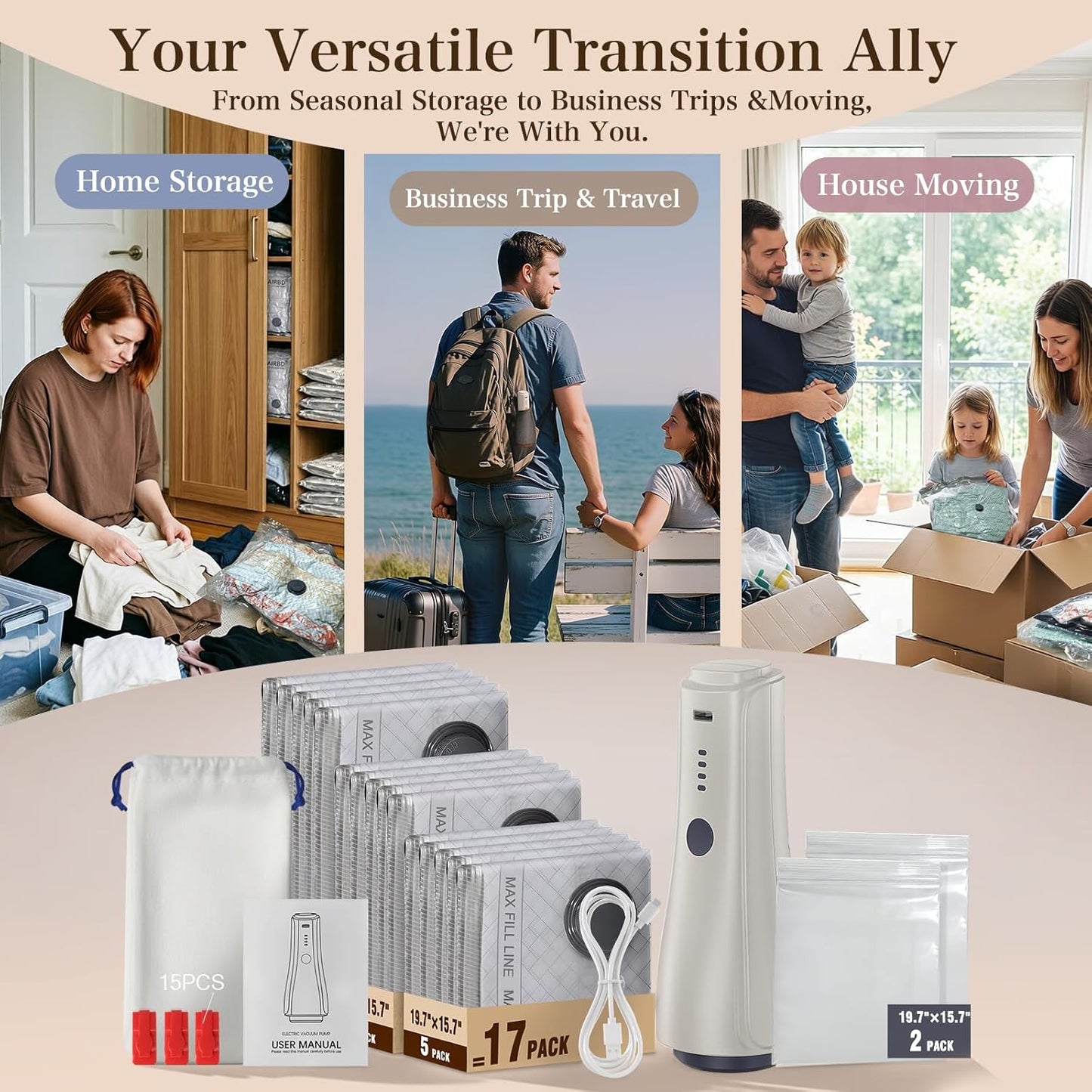 QcoQce Vacuum Storage Bags - Rechargeable Electric Pump for Space-Saving Travel & Seasonal Storage