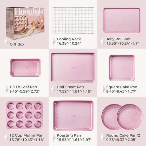 HONGBAKE 9-Piece Nonstick Baking Pans Set - Stackable, Non-Toxic Bakeware with Diamond Texture | Pink