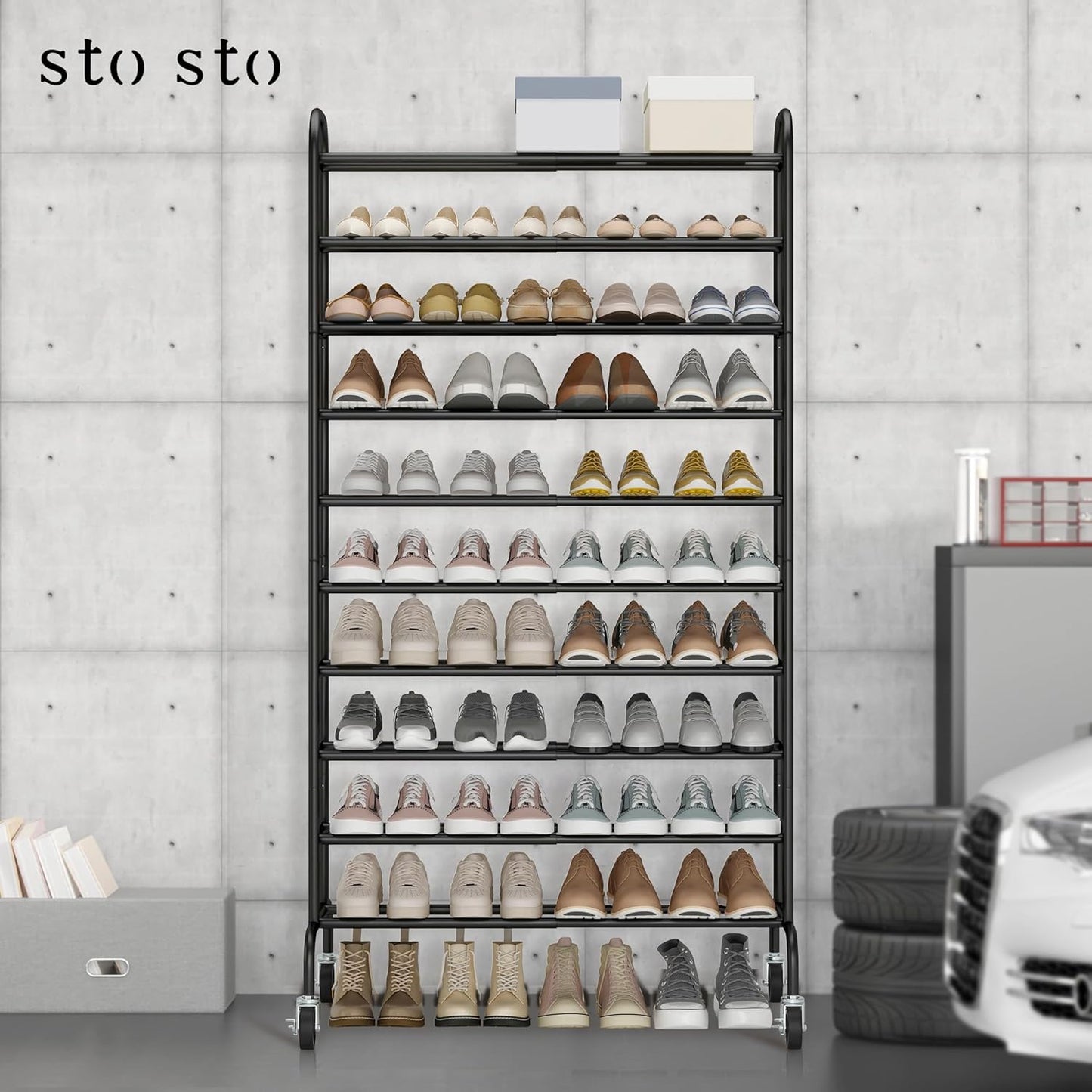 STO STO Expandable Shoe Rack - 10-Tier Metal Organizer for Up to 44 Pairs | Adjustable & Free Standing, Black
