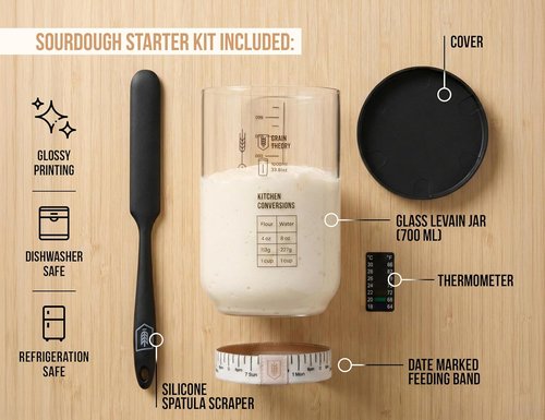 Kook Sourdough Starter Kit - Complete Set with Glass Jar, Thermometer & Feeding Band | 30 oz