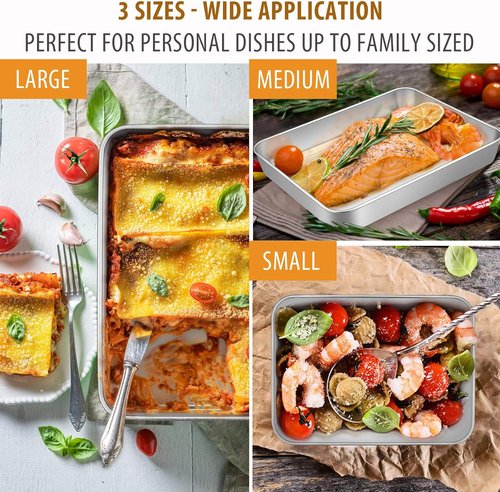 E-far Stainless Steel Baking Pans Set of 3 | Non-Toxic Rectangle Bakeware for Cakes, Lasagna & More - 12.5/10.5/9.4 Inch