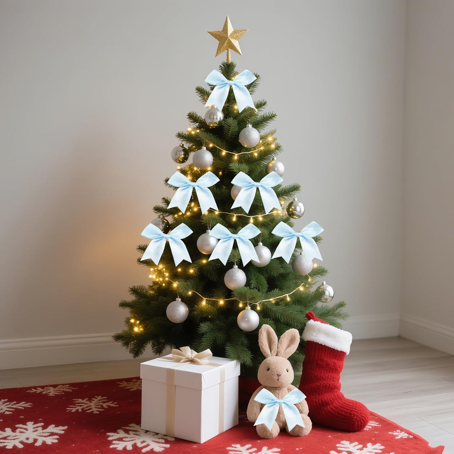 Skiennix Premium Satin Ribbon Bows - 50 Pack 3.3 Inch Gift Wrap Bows for Holiday & Party Decor | Light Blue