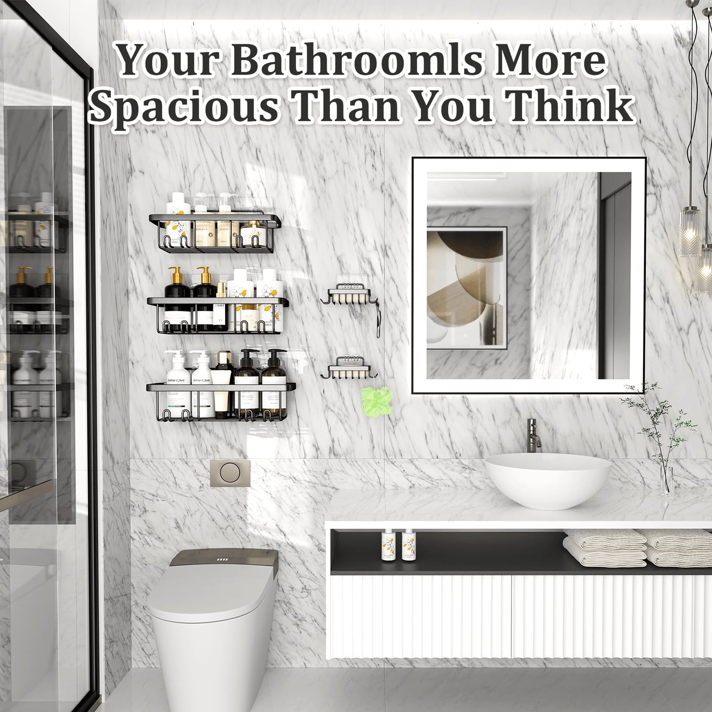 Ymozto Adhesive Shower Caddy,5 Pack Rustproof Stainless Steel Bathroom Organizers and Storage,Large Capacity Bathroom Shower Organizer,No Drilling Shelves for Storage & Home Decor,Black