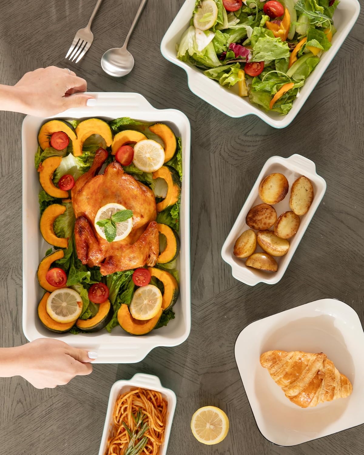 Sweejar Ceramic Bakeware Set - 4 Rectangular Casserole Dishes with Handles for Oven Cooking | White