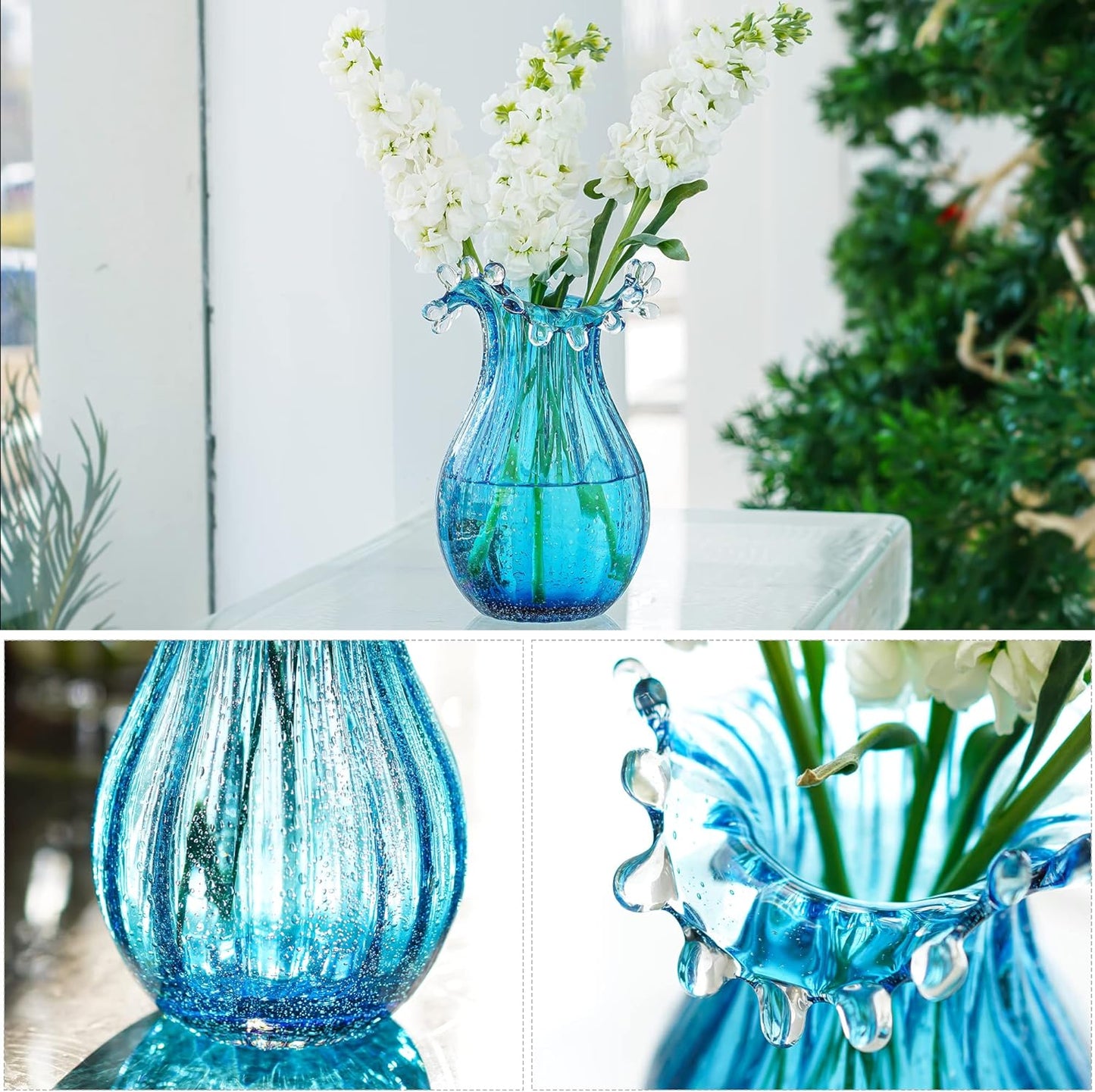 Skiennix 8-Inch Blown Glass Bubble Vase - Modern Art Flower Decor for Home & Office - Blue
