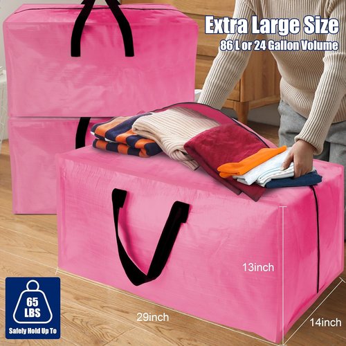 Cosy Family Extra Large Moving Bags - 8 Pack with Strong Handles, Zippers & Backpack Straps | Space-Saving Storage Totes in Pink