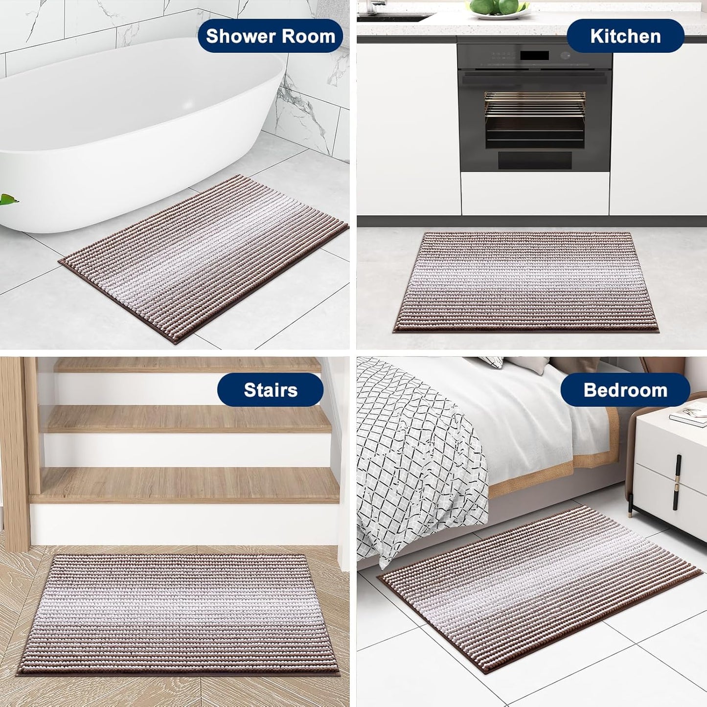 OLANLY Bath Rugs - Extra Soft Chenille Striped Bathroom Mats | 32x20, Rubber Backing, Machine Washable, Brown