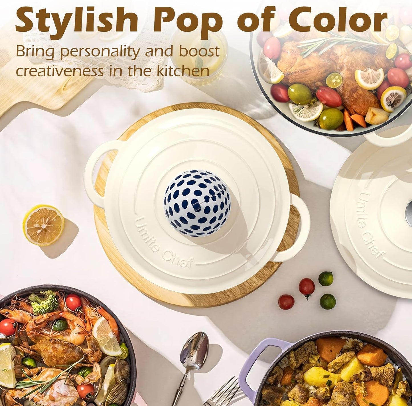 Umite Chef Enameled Cast Iron Dutch Oven - 5QT Heavy-Duty Pot with Lid & Potholders | Cream White for Baking & Stews