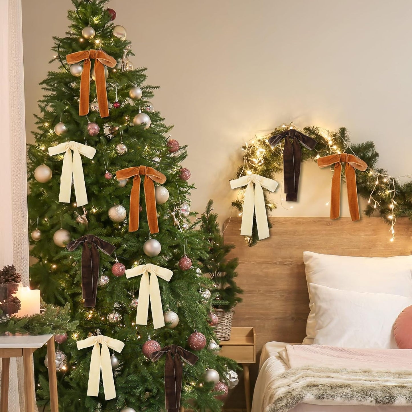 Skiennix Velvet Bows - 24 Pcs Christmas Tree Ornaments | Khaki 5x7 Inch Wedding Decor
