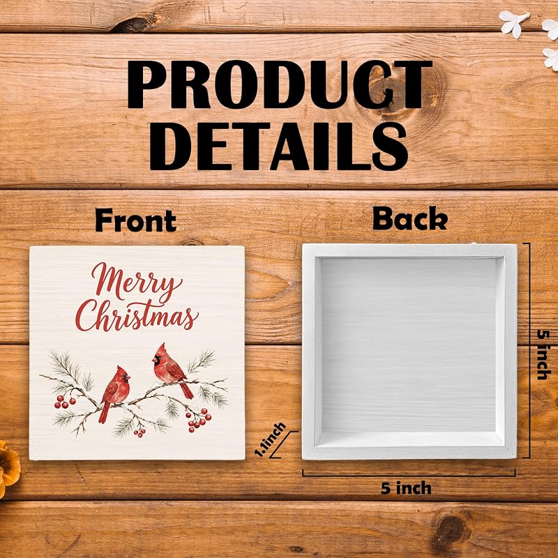 Winter Cardinal Desk Box Sign - 5x5 in Christmas Wood Decor, Variation of THIS listing: Cardinals 02