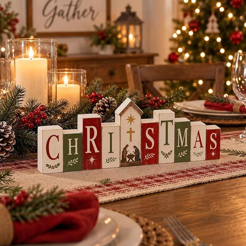 Nativity Bible Scene Tabletop Sign - Freestanding Rustic Christmas Decor, 11.8 x 4.7 in - Variation: Christmas