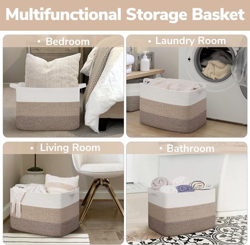 Goodpick Large Cotton Rope Storage Basket - 18"x14"x12" Organizer for Blankets & Toys | Gradient Brown