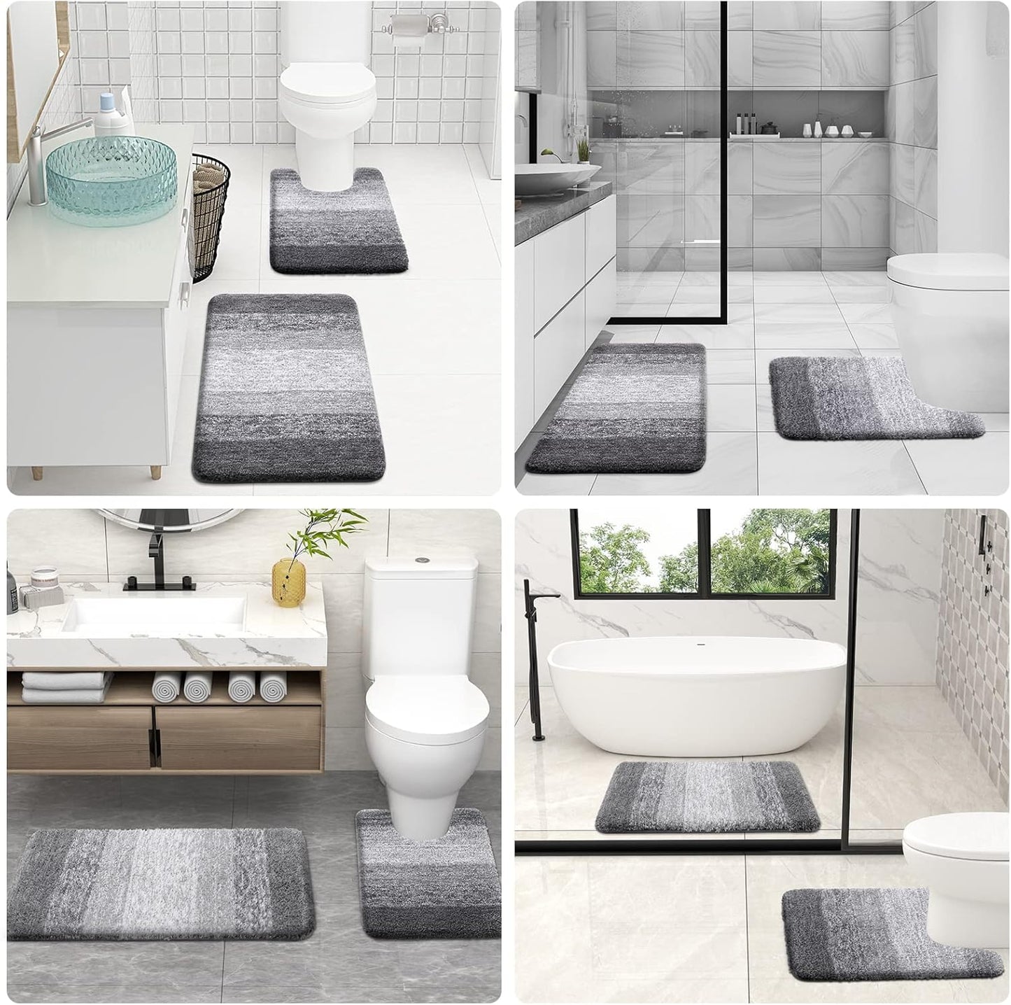 OLANLY U-Shaped Grey Rug Set - Soft Bath Mat & Toilet Rug Bundle | Low Pile, Non-Slip, Machine Washable