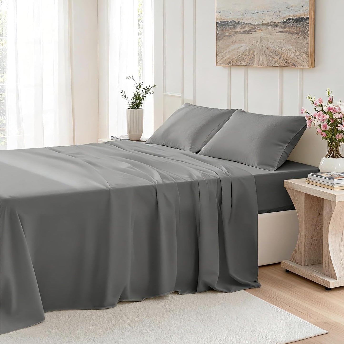 Regine Switzerland Queen Size 4-Piece Sheet Set - Comfy, Breathable & Cooling Bed Sheets - Dark Grey