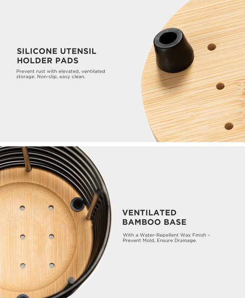 HBlife Utensil Holder for Kitchen Counter Set of 2 (7.4" & 5.8") Matte Black with Wooden Base, Cooking Utensil Organizer for Spatula, Kitchen Decor